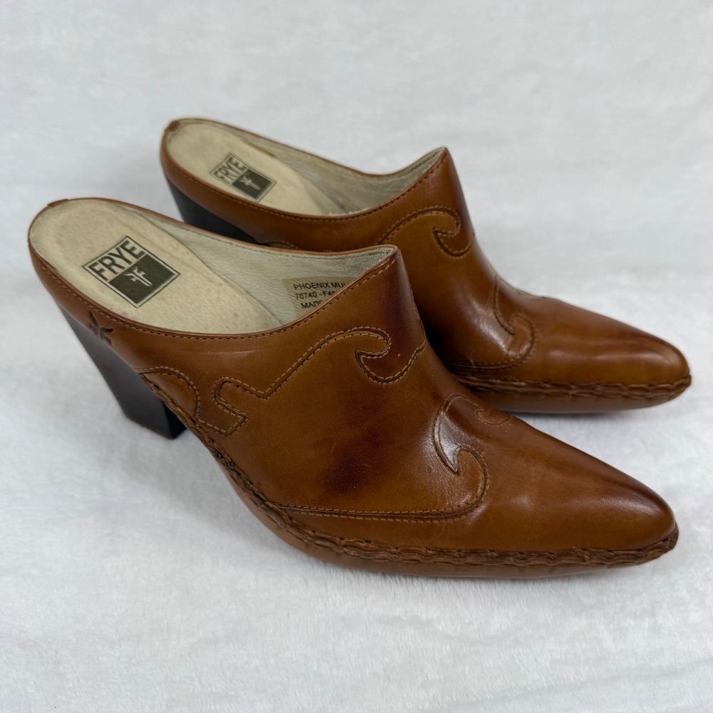 Frye Phoenix Mule Cognac Leather Western Pointed Toe Block Heel 70740 Women 7M